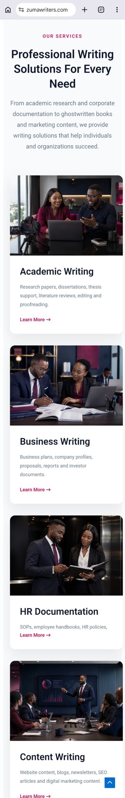 Zuma Writers website designed and developed by KizoTech