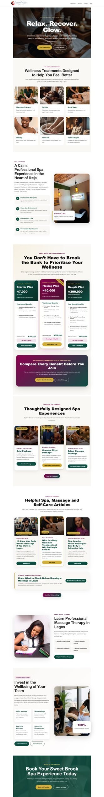 Desktop view of Sweet Brook Massage Spa website